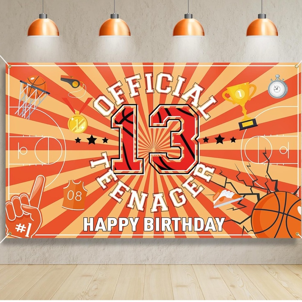Official Teenager 13 Birthday Backdrop Basketball Theme Party Banner Decoration
